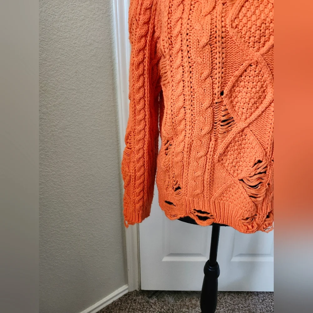Boohoo Bright Orange Cable Knit Sweater Distressed Details S/M